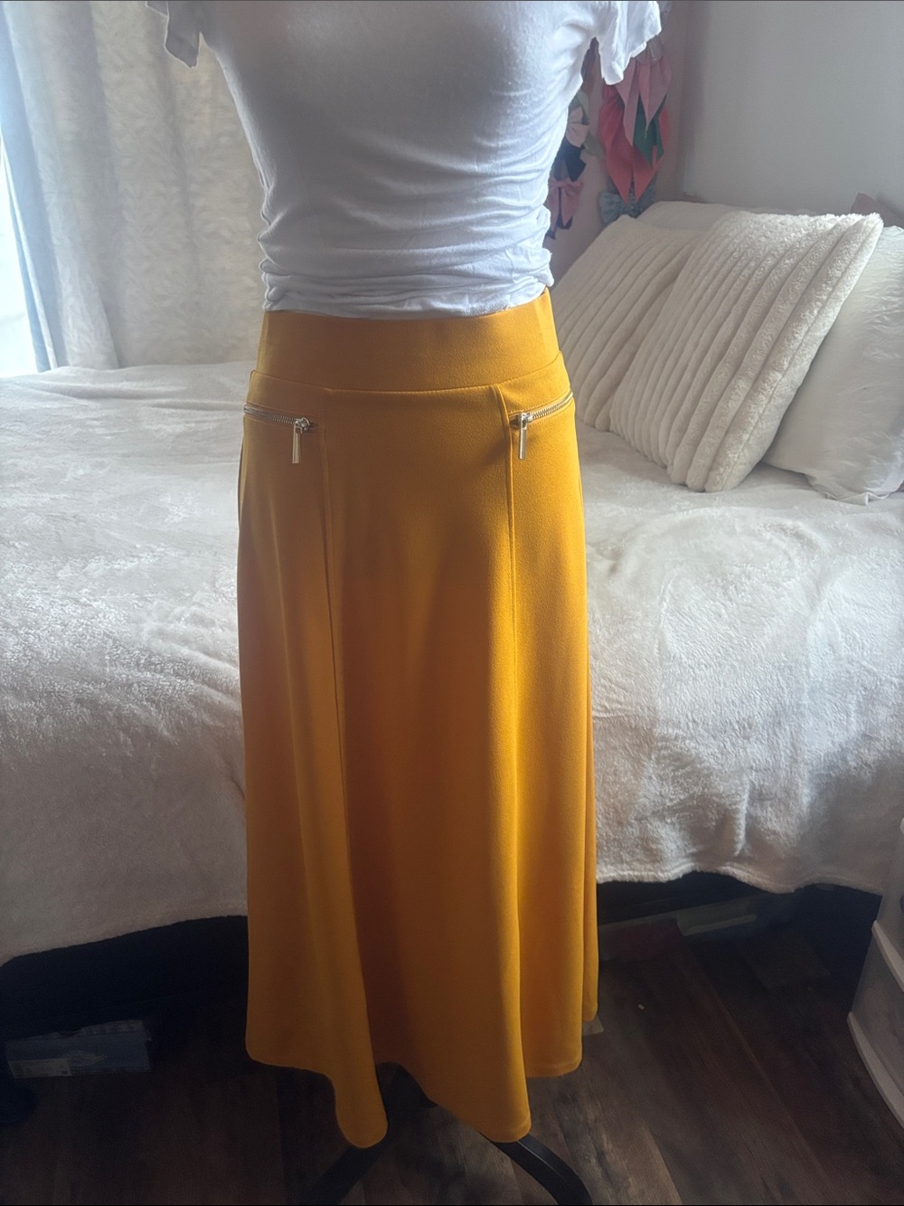 Women’s Mustard Midi A-Line Skirt with Zip Pocket Accents